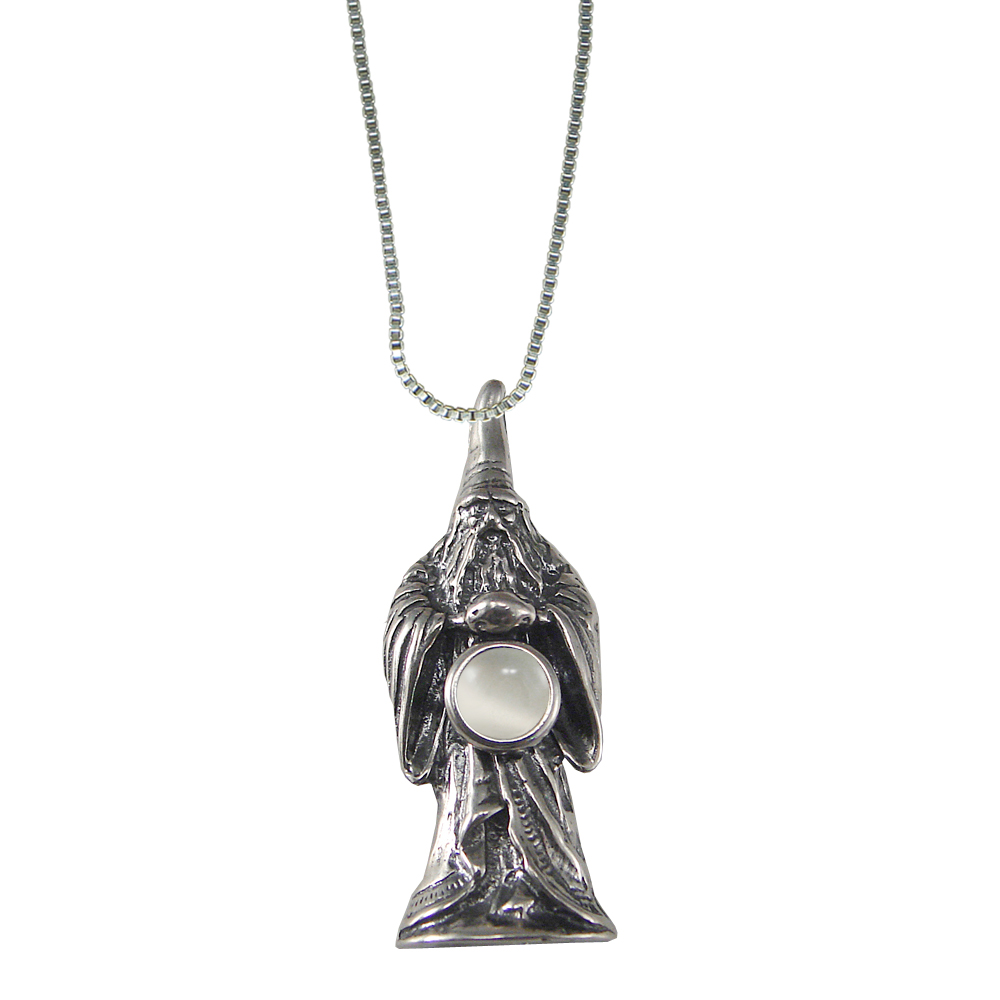 Sterling Silver Wizard of Olde Pendant With White Moonstone Magic Orb
